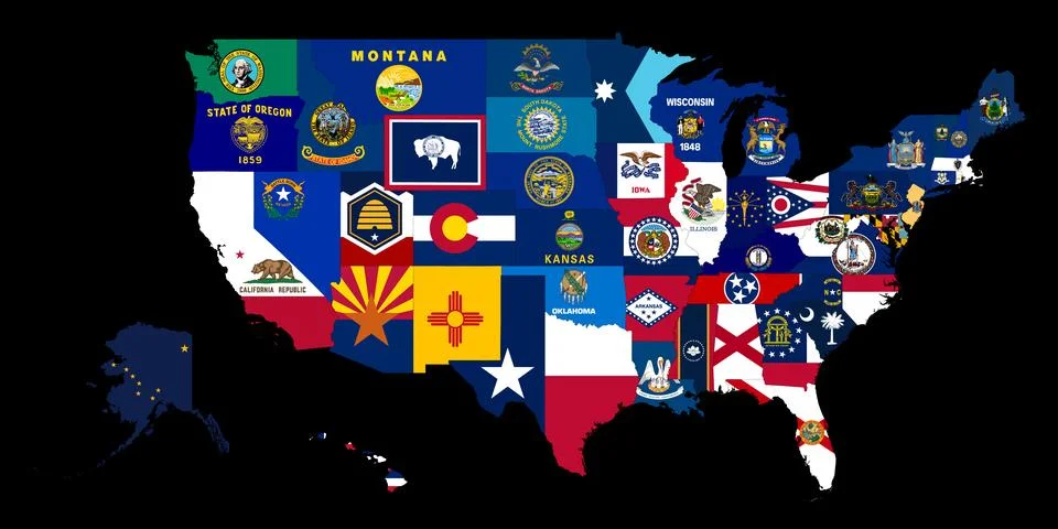 United States Map Composed of State Flags and Emblems Stock Illustration