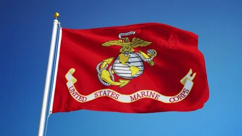 United States Marine Corps flag waving against clean blue sky, close up, isol Stock Photos