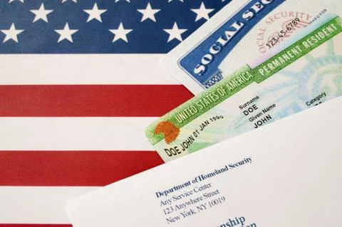 United states permanent resident green card from dv-lottery with social secur Stock Photos