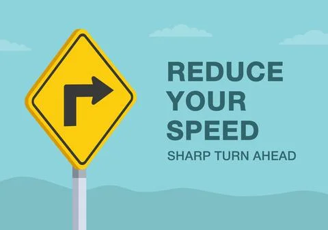 United States "sharp turn to the right ahead" sign meaning. Reduce your speed. Stock Illustration