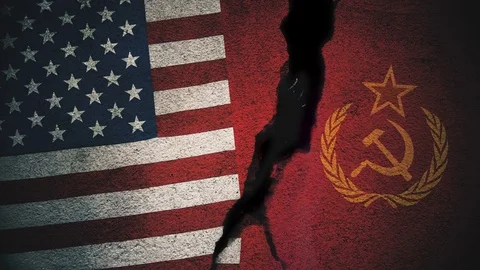 United States vs Soviet Union Flags on Cracked Wall Stock Footage 83339537