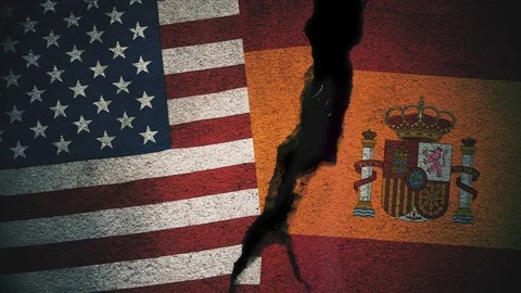 United States vs Spain  Flags on Cracked Wall Video stock 83392375