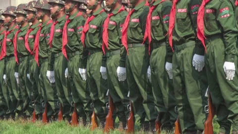 The United Wa State Army held a military parade in the capital of Stock Footage 145378889