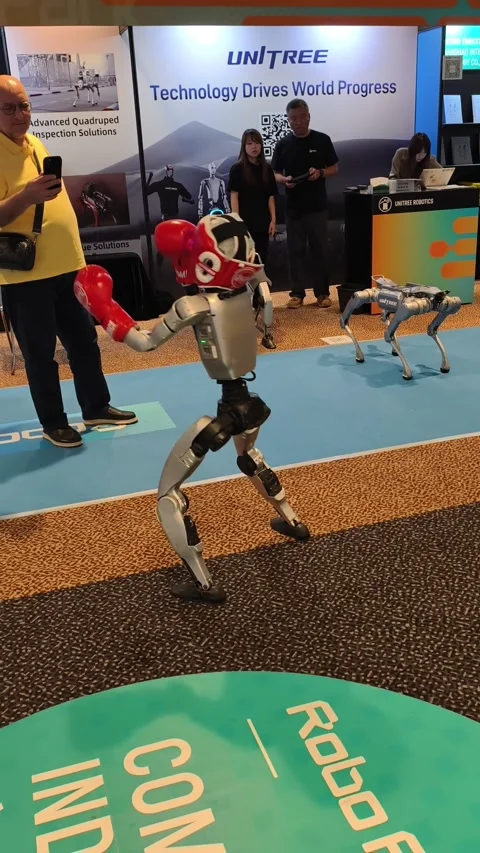 Unitree G1 Humanoid Robot equipped for a boxing demonstration Stock-Footage 338319577