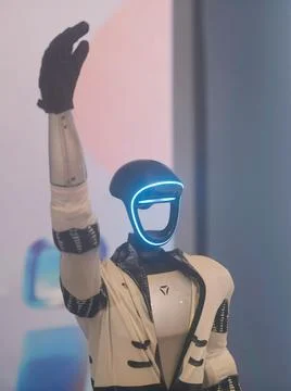 Unitree Robotics' G1 humanoid robot greets guests at an AI industry matchmaki Foto stock