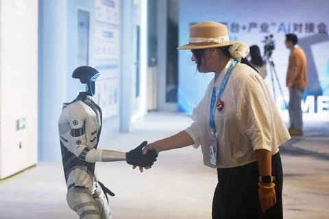 Unitree Robotics' G1 humanoid robot shakes hands with a guest at an AI indust Foto stock