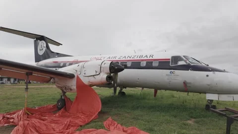 Unity Air Zanzibar E120 abandoned in Mikumi national park after landing gear Stock Footage 305443746