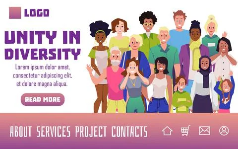 Unity and diversity website with multi ethnic people, flat vector illustratio Illustrazione stock