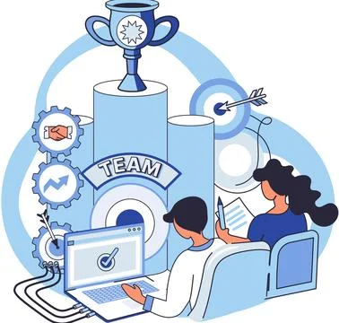 Unity and support between colleagues agreement. Command of winners and cup... Illustrazione stock