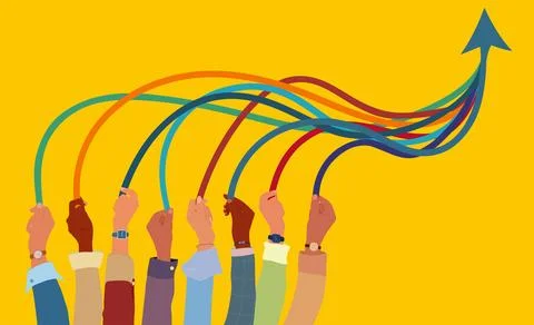 Unity and teamwork concept with diverse hands and upward arrow Stock Illustration