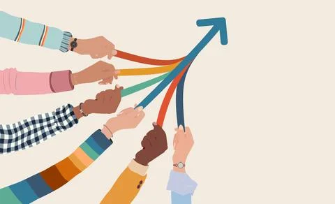 Unity and teamwork concept with diverse hands and upward arrow Stock Illustration