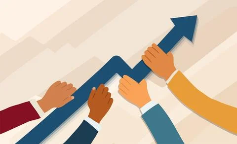 Unity and teamwork concept with diverse hands and upward arrow Stock Illustration