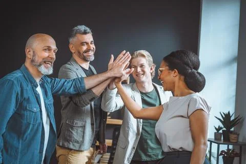 Unity and teamwork within a business setting. A diverse group of freelancers or Stock Photos