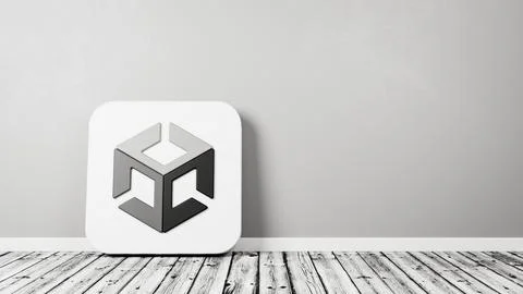 Unity App Icon 3D Symbol Shape on Wooden Floor Against Gray Wall with Copy Sp Stock Illustration