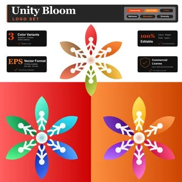 Unity Bloom People Flower Logo Set Community Diversity Vector Stock Illustration