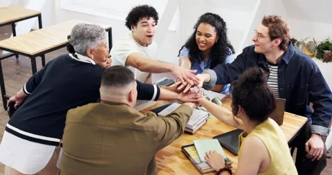 Unity, group or happy people with hands together in office for collaboration Stock Footage 346677567