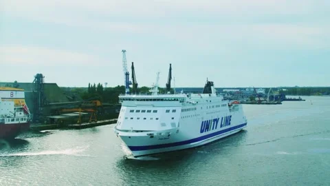 Unity Line ferry leaving the bay of the port of Svinoustye in Poland Stock Footage 220830885
