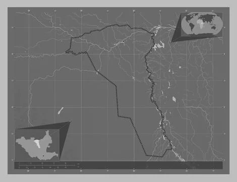 Unity, South Sudan. Grayscale elevation map with lakes and rivers 스톡 일러스트