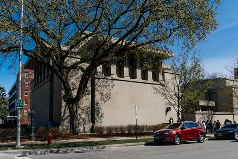 Unity Temple facade by Frank Lloyd Wright in Oak Park Stock Photos