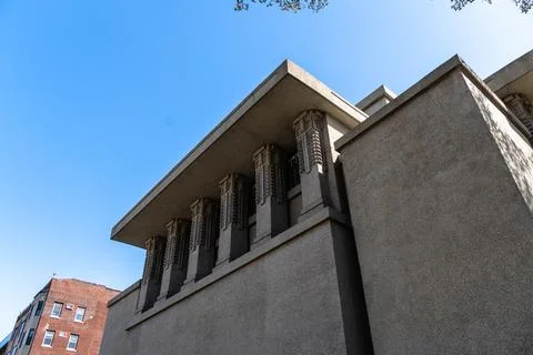 Unity Temple facade by Frank Lloyd Wright in Oak Park Foto stock