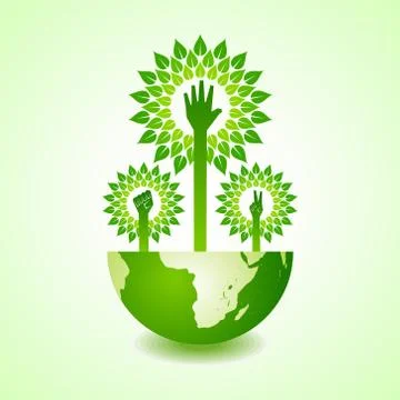 Unity ,victory and helping hand make tree on earth - vector illustration Stock Illustration
