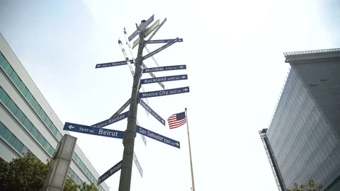 Unity in View: American Flag and Sister Cities Sign Stock Footage 76001807