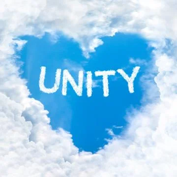 Unity word inside heart cloud  blue sky Stock Photos