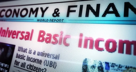 Universal basic income analysis technology newspaper on mobile tablet screen Stock Footage 249253913
