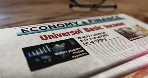 Universal basic income analysis technology newspaper on table Stock Footage 249357907
