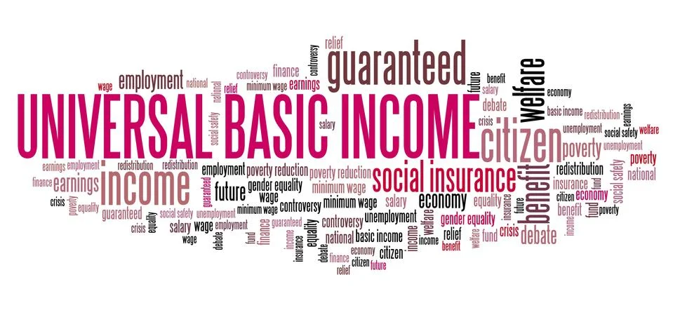 Universal basic income concept. UBI word cloud sign. Social welfare policy. Stock Illustration