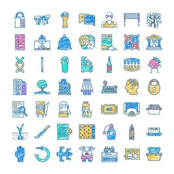 Universal doodle icon set representing various concepts and objects Illustrazione stock
