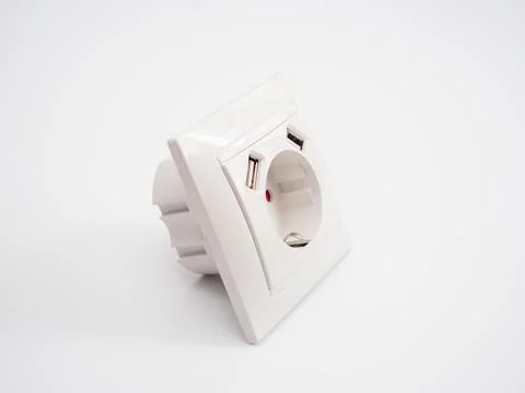 Universal European standard socket with two usb connectors on a white backgro Stock Photos