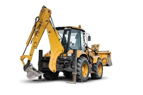 A universal excavator-loader is being used at a construction site for equipme Stock Photos