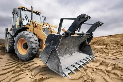 A universal excavator loader is digging into the ground at a construction s.. Stock Photos
