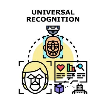 Universal facial recognition technology scanning analyzing data process Stock Illustration
