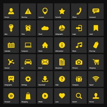 Universal flat yellow web icons set on gray Illustrazione stock