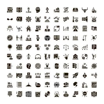 Universal glyph set featuring various human activities and concepts Stock Illustration
