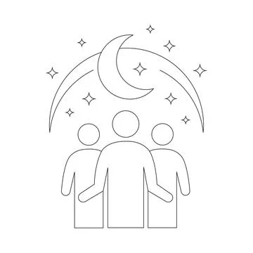 Universal Human Harmony Line Art Design Featuring Symbolic People Under Moo.. Stock Illustration