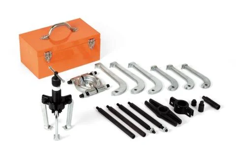 Universal hydraulic puller set, isolated on white background Foto stock