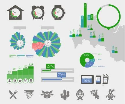 Universal infographics. Clock map, circle diagrams. Elements of the interface Stock Illustration