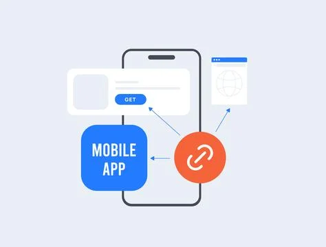 Universal links concept. Mobile app deep linking connects native applications to Stock Illustration