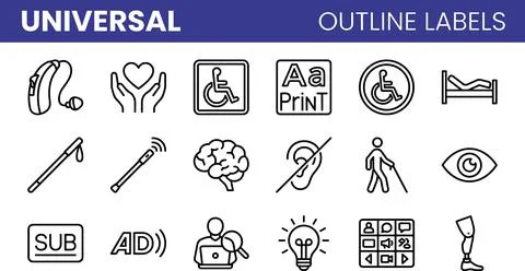 Universal Outline Labels for Accessibility and Disability Support. Stock-Illustration