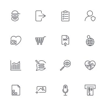 Universal set for web and mobile hacker, photo, note, atm and other. Icons wi Illustrazione stock