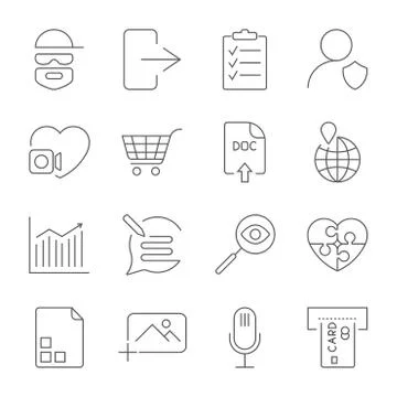 Universal set for web and mobile. Hacker, photo, note, atm and other. Icons set 스톡 일러스트