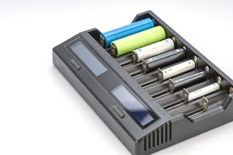 Universal smart battery charger with multiple sizes AA AAA AAAA and 18650 cel Stock Photos