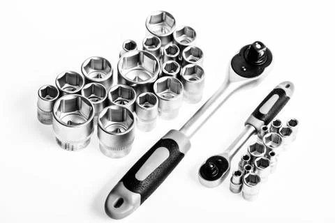 Universal socket set white background isolated. Crafts and repair. Knob for Stock Photos