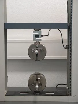 Universal testing machine tensile grips and crosshead in laboratory frame f.. Foto stock