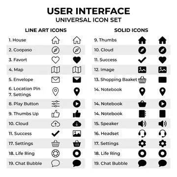 Universal user interface icon set featuring line art and solid black symbol.. Stock Illustration