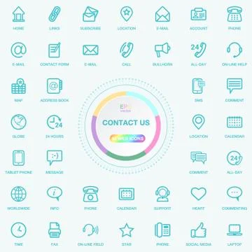Universal Web And Internet Contact Us Line Icons Set. Web, Blog And Social Media Stock Illustration