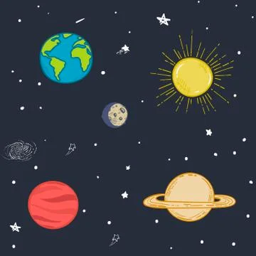 Universe seamless pattern vector illustration. Cartoon galaxy with comets, as Stock Illustration